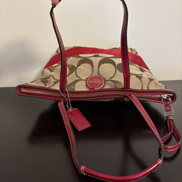 Coach Signature Khaki Red Stripe Red Patent Leather Medium Tote - Picture 7 of 11